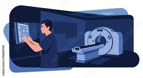 Radiologist Interacting With Advanced CT Scanner Interface in Modern Medical Facility