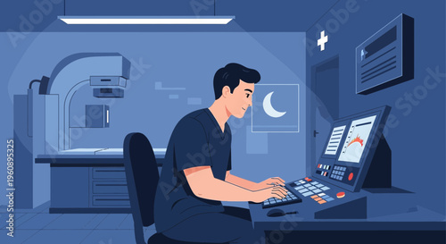 Radiologist operating advanced medical imaging equipment in a modern clinic at night