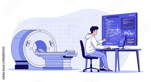 Radiologist Analyzing MRI Scan Data on Computer Next to Medical Imaging Machine