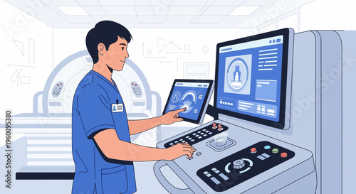 Radiologist Operating CT Scanner for Medical Imaging in Modern Clinic