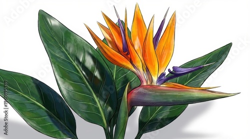 Vibrant Bird of Paradise Flower with Lush Green Leaves Against White Background