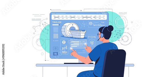 Radiologist analyzing MRI scan on futuristic computer interface, medical technology concept