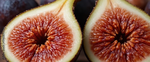 Freshly Sliced Figs Showing Vibrant Flesh and Texture on a Wooden Surface