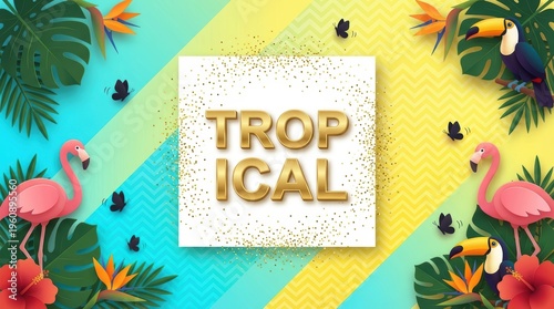 Colorful Tropical Background Design Featuring Flamingos and Toucans Surrounded by Lush Foliage