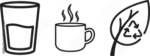 Eco friendly icons, sustainable living symbols, recycling leaf, coffee cup, glass