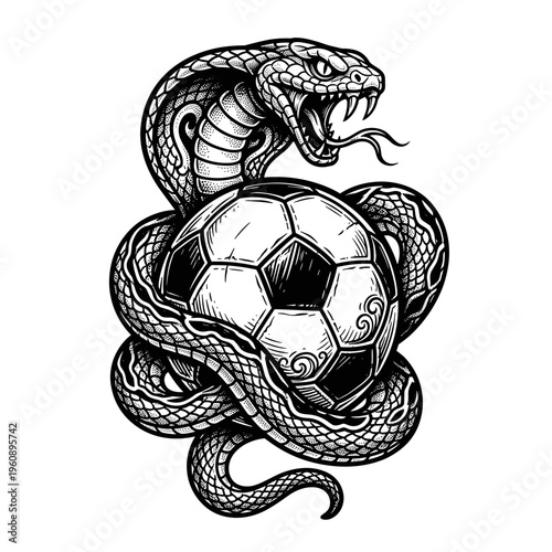 Cobra wrapped around a soccer ball, tattoo art style
