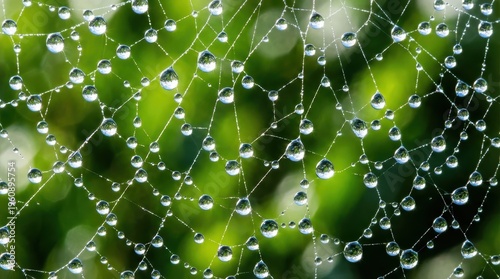 Dew Drops Glimmering on Intricate Spiderweb with Green Natural Background in Morning Light