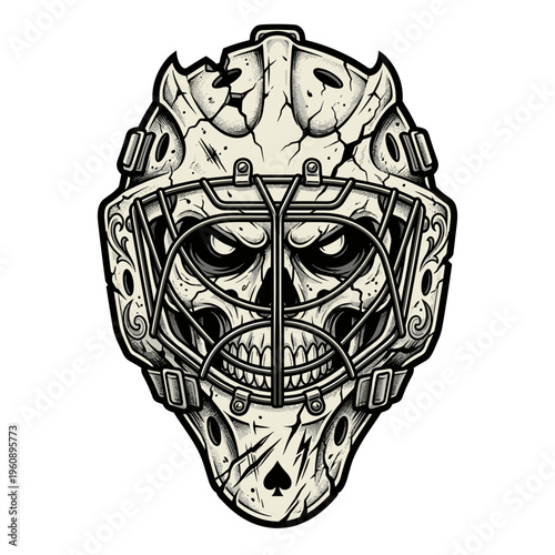 Tattoo style skull goalie mask with cracks and ace of spades