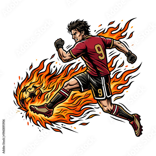 Soccer player in action with ball engulfed in flames