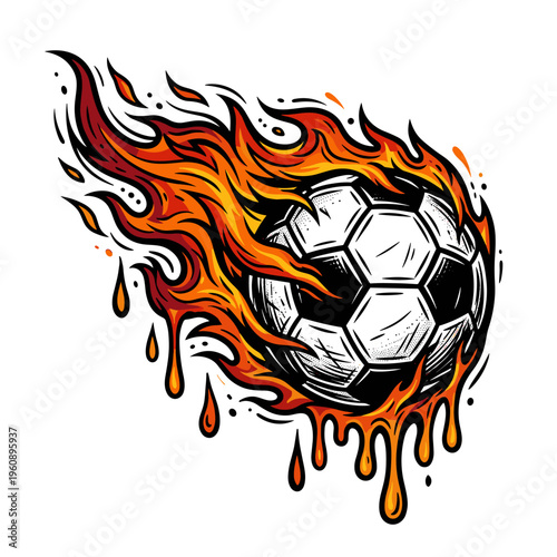 Soccer ball engulfed in flames with dripping effect