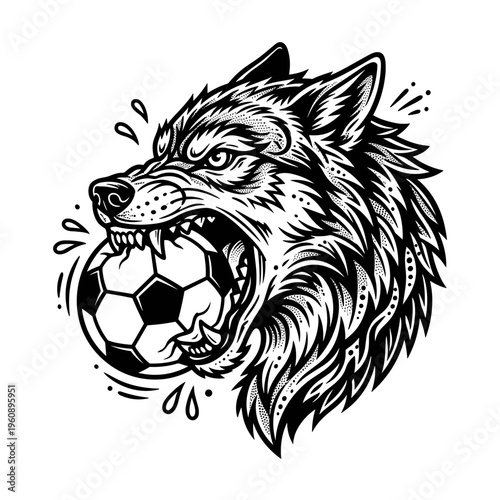 Tattoo style wolf biting a soccer ball illustration