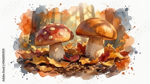 Pair of Colorful Mushrooms Surrounded by Fallen Leaves in a Sunlit Autumn Forest Scene