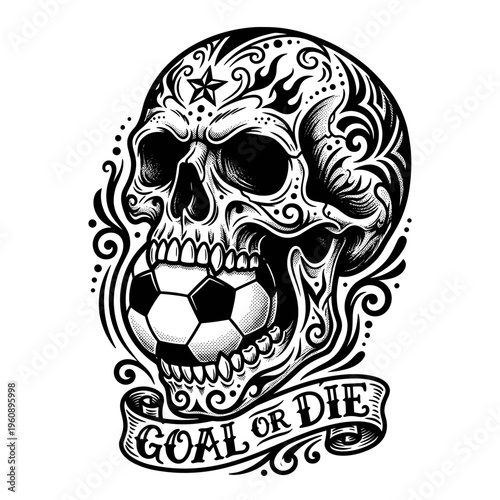 Tattoo style skull biting soccer ball with slogan