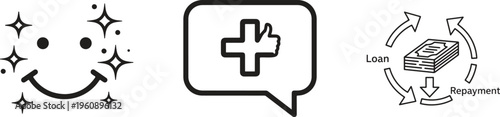 Medical, healthcare icons, smiling face, speech bubble, cross symbol, black and white vector graphics