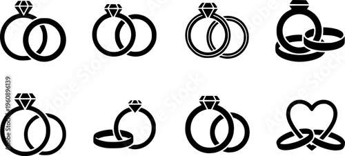 Wedding Rings Icon Collection - Minimalist Intertwined Marriage and Engagement Bands Vector Set