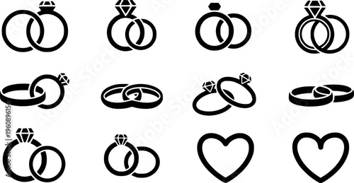 Wedding Rings Icon Collection - Minimalist Intertwined Marriage and Engagement Bands Vector Set
