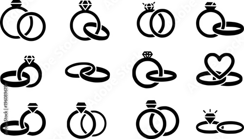 Wedding Rings Icon Collection - Minimalist Intertwined Marriage and Engagement Bands Vector Set