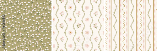 Set of cottagecore farmhouse style seamless patterns, digital papers, printable backgrounds with stripes, flowers for kitchen and bedroom textiles, scrapbooking, stationery in green, ivory and pink