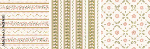 Set of cottagecore farmhouse style seamless patterns, digital papers, printable backgrounds with stripes, flowers for kitchen and bedroom textiles, scrapbooking, stationery in green, ivory and pink