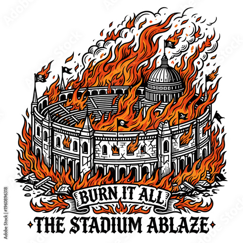 Burning stadium in bold tattoo style with flames and text