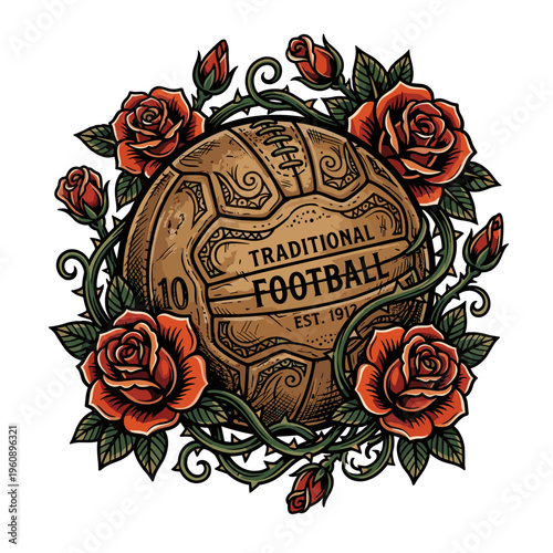 Vintage football and roses in tattoo art style