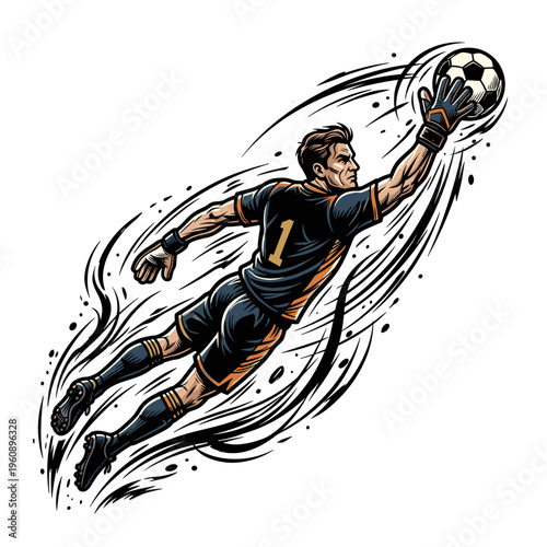 Soccer goalkeeper diving to catch ball in dynamic action