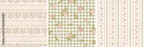 Set of cottagecore farmhouse style seamless patterns, digital papers, printable backgrounds with stripes, flowers for kitchen and bedroom textiles, scrapbooking, stationery in green, ivory and pink