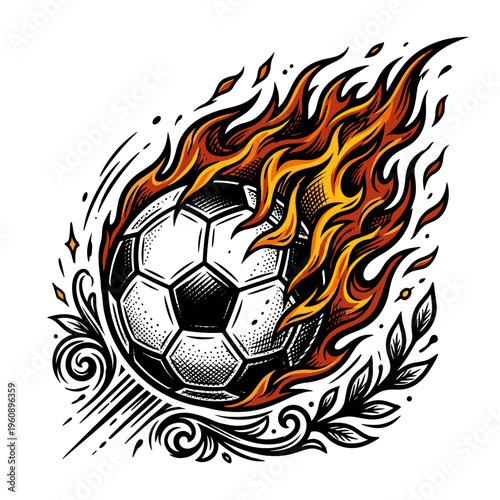 Tattoo style soccer ball on fire, with ornamental flair