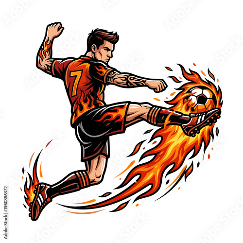 Soccer player kicking flaming ball with dynamic fire effect