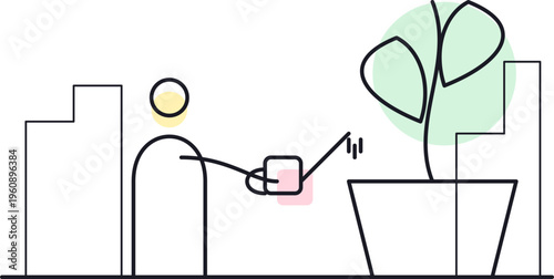 Minimalist line art illustration of a person watering a potted plant in a simple modern interior