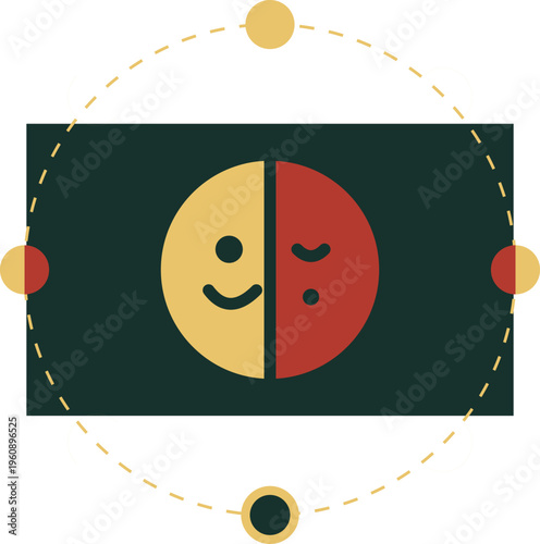 A minimalist graphic design featuring a split face icon representing positive and negative emotion