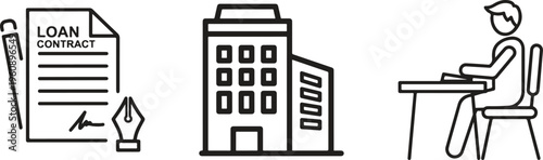 Loan contract, business building, office worker icons, financial agreement, company office, desk workspace