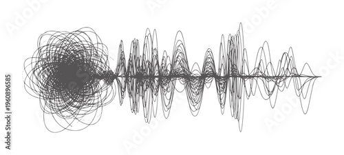 Abstract black chaotic scribble transforming into symmetrical soundwave pattern
