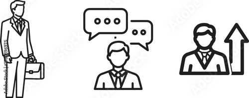 Business communication icons, corporate discussion symbols, teamwork and collaboration graphics, professional dialogue illustrations