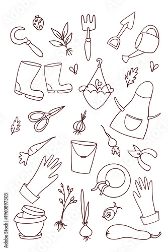 Cute seamless pattern with gardening tools and spring elements in outline style.