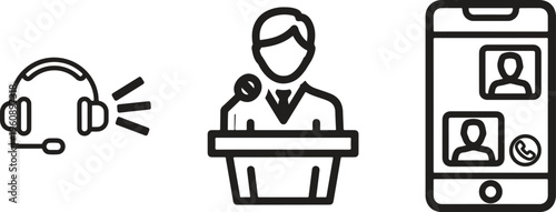 Business communication icons, corporate meeting symbols, video conference graphics, office presentation illustrations