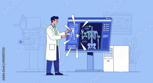 Doctor analyzing X-ray on computer screen, medical technology, healthcare concept