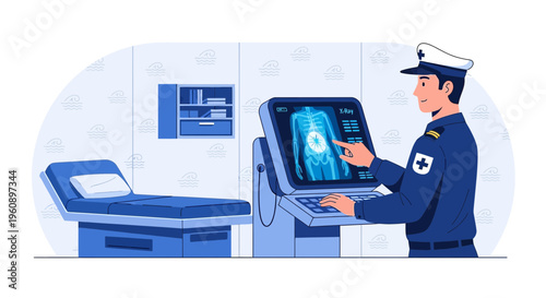 Doctor analyzing X-ray on screen in medical room with patient bed and equipment.