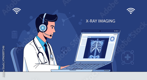 Doctor analyzing X-ray on laptop, telemedicine, medical technology, remote healthcare consultation