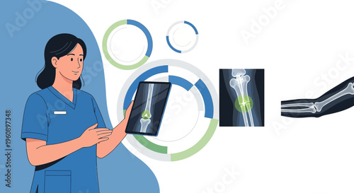Doctor analyzing X-ray on tablet, medical technology, bone fracture diagnosis