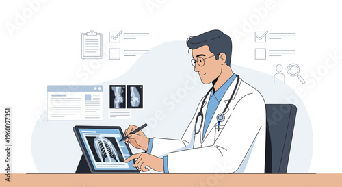 Doctor analyzing X-ray on tablet, modern medical diagnostics, healthcare technology