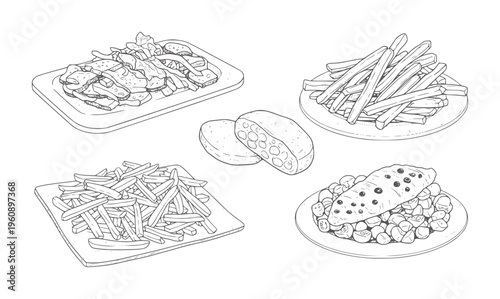 Black and white line of various potato dishes and preparations potatoes fries