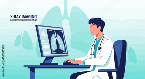 Doctor analyzing X-ray scan of lungs on computer screen in radiology department