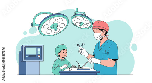 Doctor and child in surgical attire practicing surgery simulation with instruments