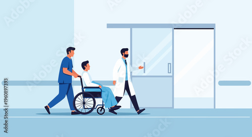 Doctor and nurse escorting patient in wheelchair towards hospital exit