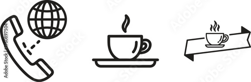 Business communication icons, global phone, coffee cup symbols, workflow vector graphics