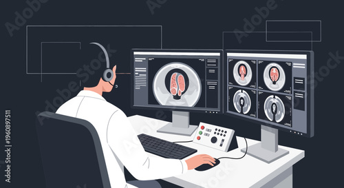 Doctor analyzing MRI scans on computer screens, medical technology, healthcare diagnostics