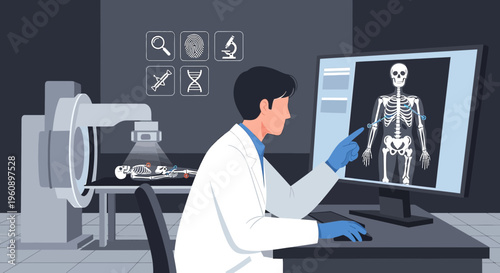 Doctor Analyzing Skeleton X-ray on Computer in Medical Lab with Advanced Equipment