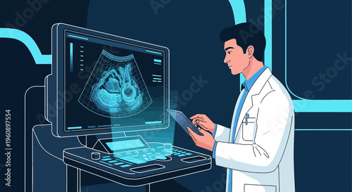 Doctor analyzing ultrasound scan of male reproductive organs on futuristic medical display