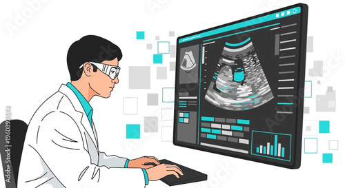 Doctor analyzing ultrasound scan on computer screen, futuristic medical technology concept